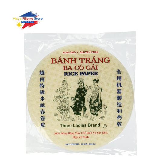 Packaged rice paper with 'Three Ladies Brand' branding on a white background