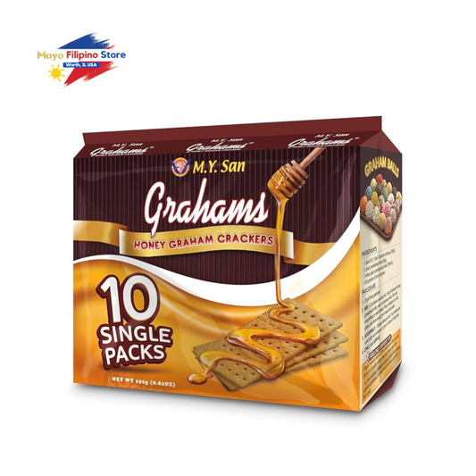 Box of M.Y. San Grahams Honey Graham Crackers with a honey drizzle on a white background.