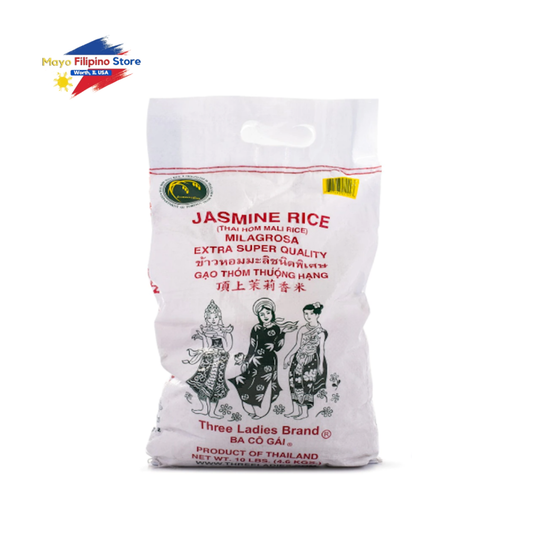 Bag of Three Ladies Brand jasmine rice on a white background