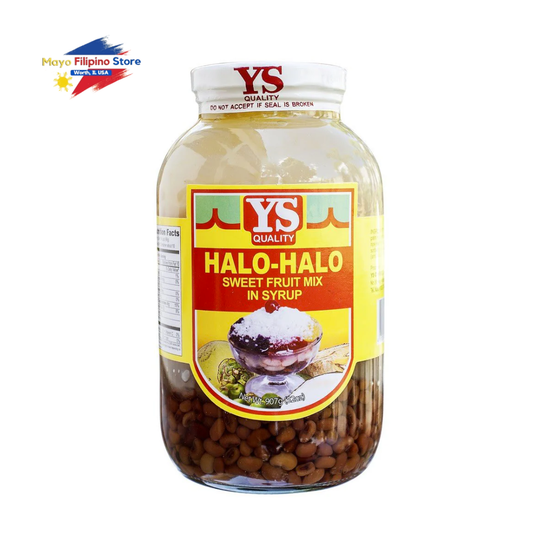 Jar of YS Quality Halo-Halo sweet fruit mix in syrup on a white background