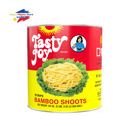 Tasty Joy brand can of bamboo shoots on a white background