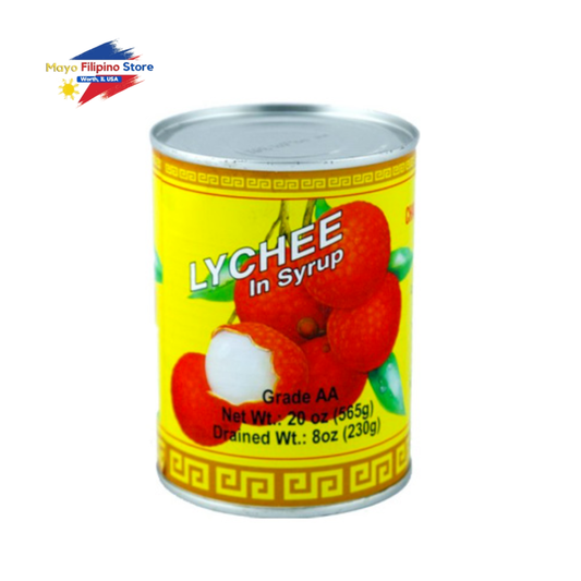 Can of lychee in syrup with a yellow label on a white background