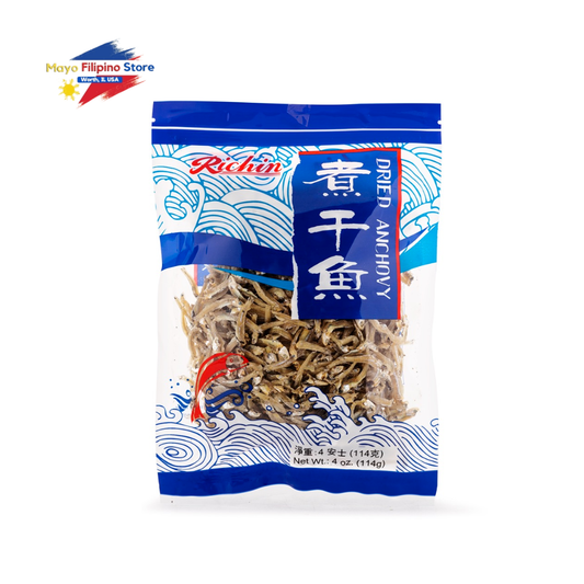 Packaged dried anchovies with Richin branding on a white background