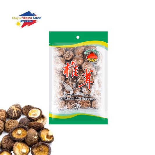 Packaged shiitake mushrooms with a green label on a white background