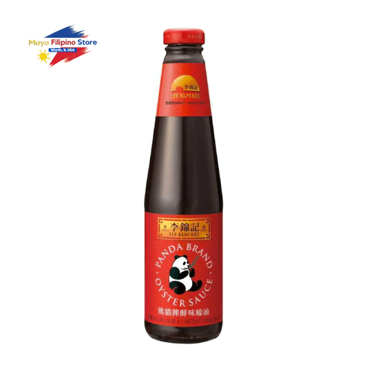 Bottle of Panda Brand Oyster Sauce with red label on a white background