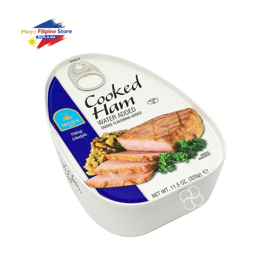 Can of cooked ham with a visible brand logo on a white background