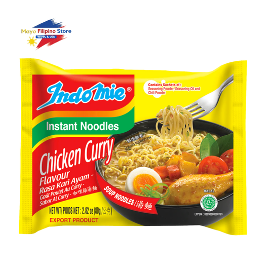 Indomie Chicken Curry instant noodles packaging with a fork and bowl of noodles on a yellow background.