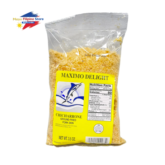 Bag of Maximo Delight Chicharrón with a yellow label on a white background