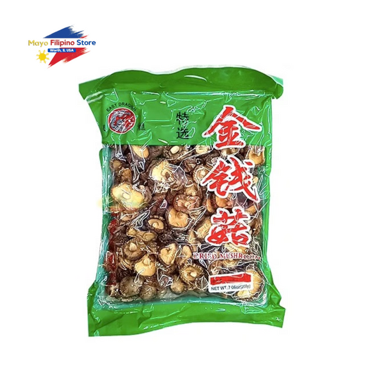 Packaged dried mushrooms with green packaging on a white background