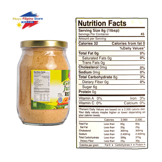 Jar of ginger juice with nutrition facts label on a white background