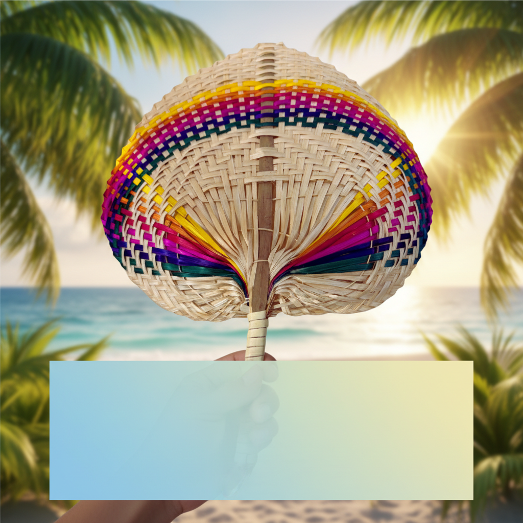 Woven hand fan with colorful rim on a white background, branded with Mayo Filipino Store.