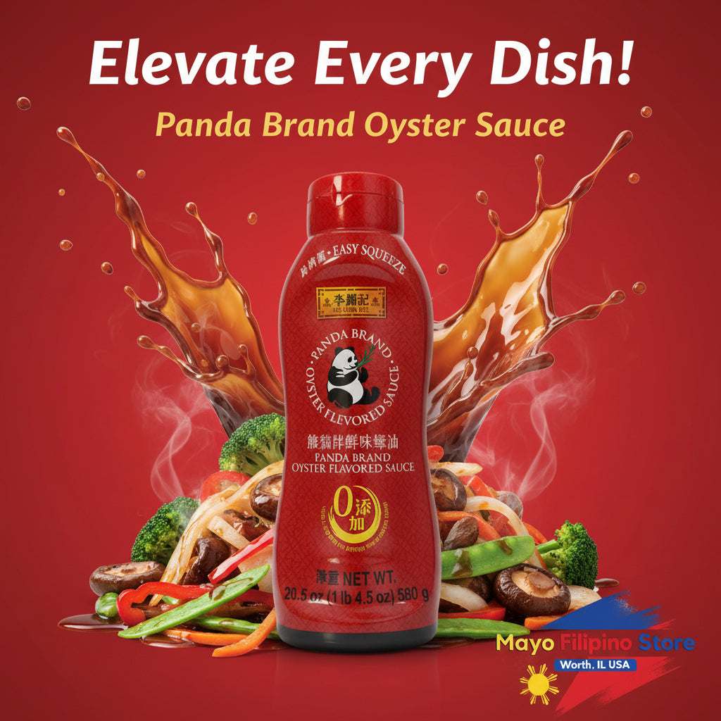 Red bottle of Panda Brand oyster sauce on a white background with a visible brand logo.