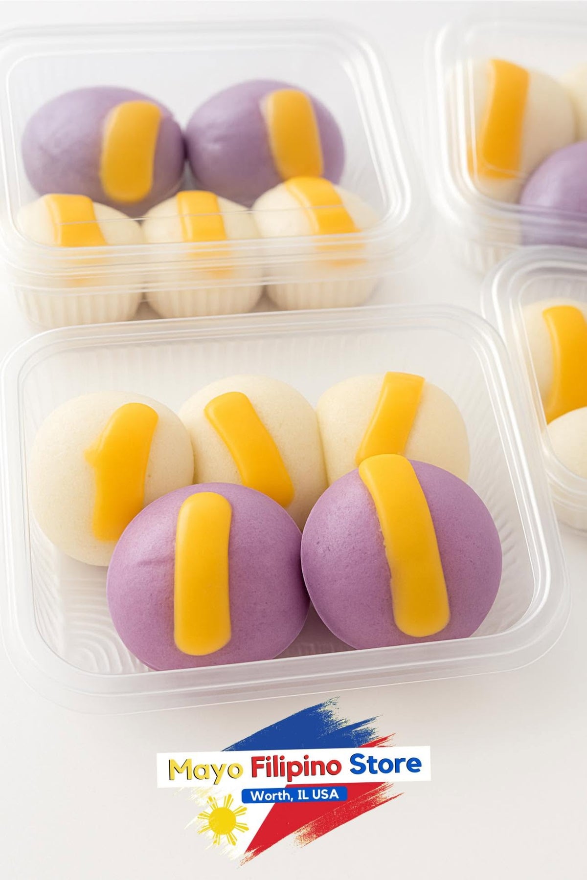 Packaged dessert items with purple and yellow swirls in clear plastic containers, branded as Mayo Filipino Store.
