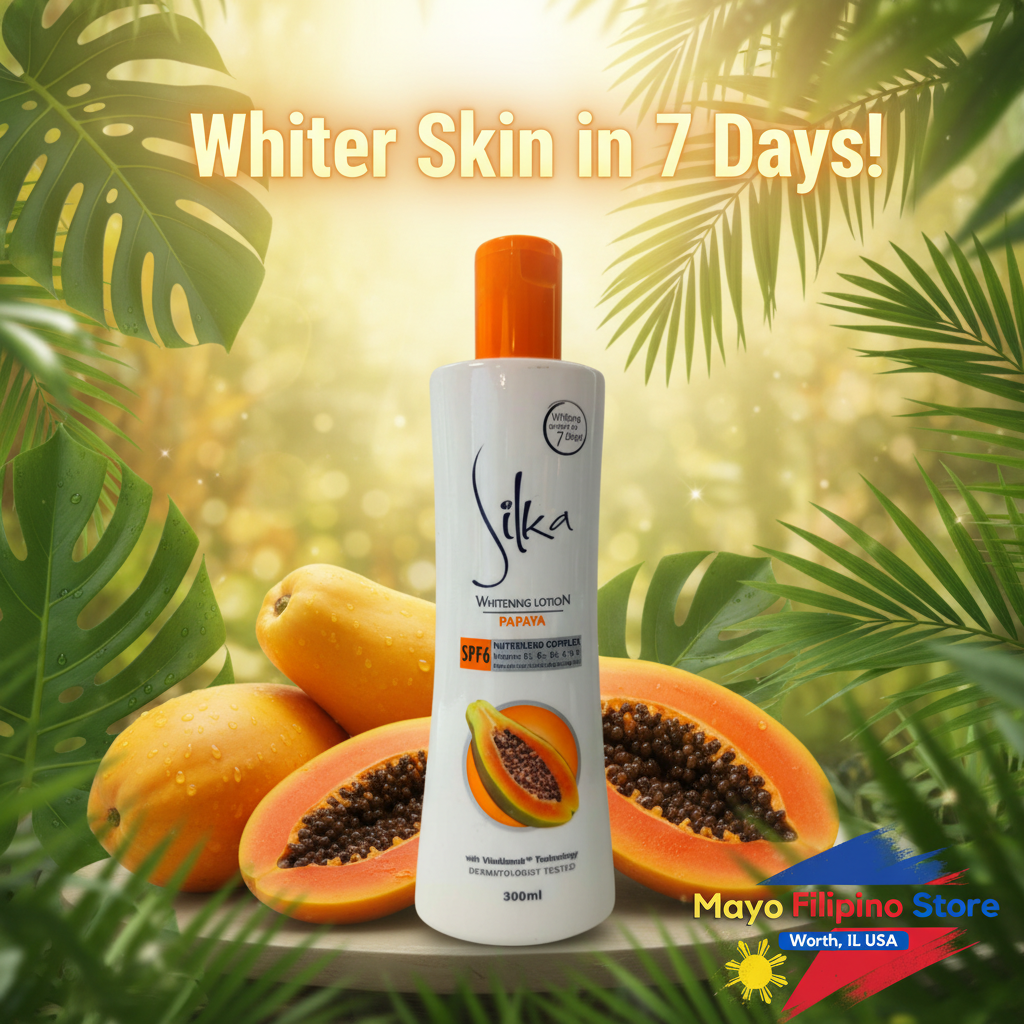 Silka whitening lotion bottle with orange cap on a white background, featuring Mayo Filipino Store logo.